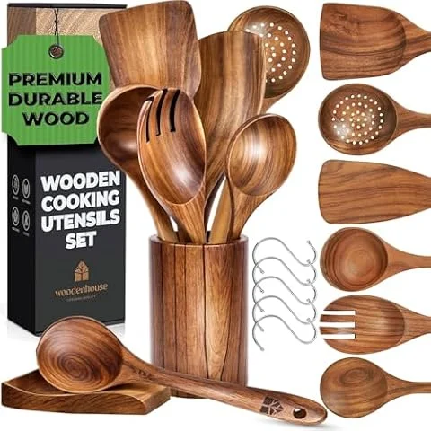 Wooden Kitchen Utensil Set, 8 Pcs Teak Spoons with Holder & Hooks