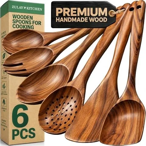 Zulay Kitchen 6-Piece Wooden Spoons for Cooking - Smooth Finish Teak Utensils - Soft Comfortable Grip Wood Spoons - Non-Stick Wooden Cooking Utensils - Teak Spoon Utensil Sets