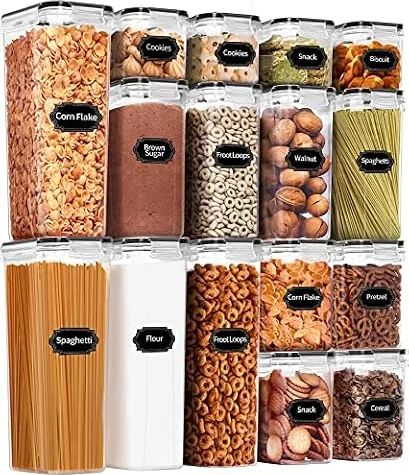 PRAKI 16 Pcs Airtight Food Storage Containers Set with Lids, 4 Sizes, Black | Kitchen Pantry Organizers and Storage, Plastic Airtight Pantry Storage Container for Cereal, Flour & Sugar - Labels, Marker